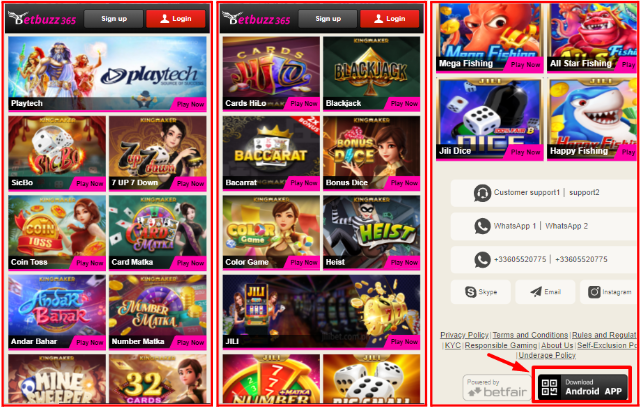 Visão geral do BetBuzz Casino com interface escura, navegação elegante e vitrine de jogos