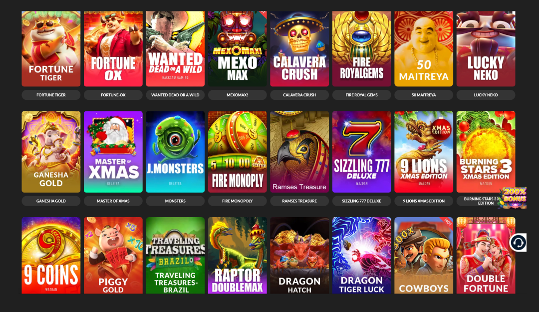 Seleção de slots do BetBuzz Casino com visual moderno e destaques de bônus